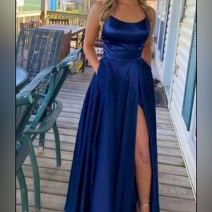 navy silk prom dress, worn once, backless with cross strap, size 6
